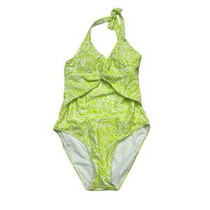 Ellen Tracy‎ Swimsuit Womens 6 Lime Green Floral Paisley One Piece Knot Detail